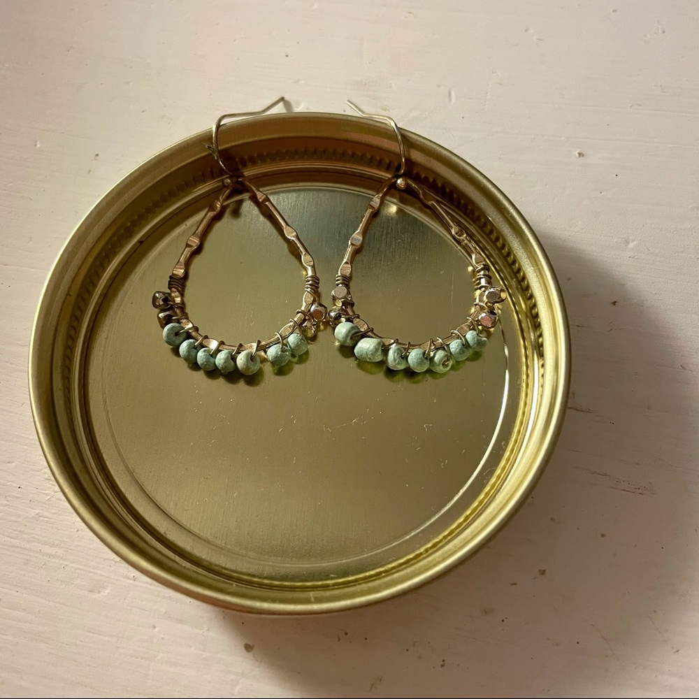 Gold & teal beaded drop hoop earrings